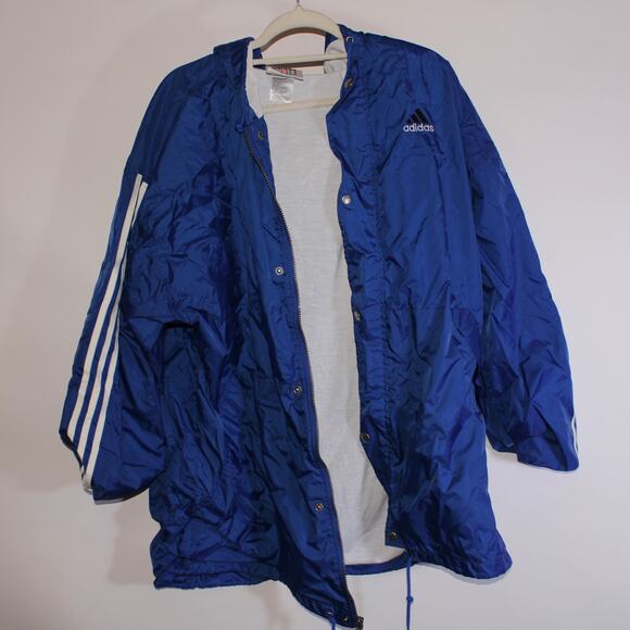 Vintage 90s Adidas Blue Hooded Long Sleeve Parka Zip Up jacket Size L - Picture 1 of 4
